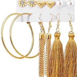 Gold-Tone Women’s Earring Set with Hoops, Tassels & Studs